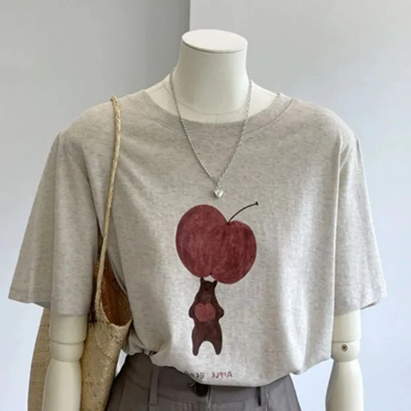 Women's Oversized T-Shirt Cute Cherry Bear Print Short Sleeve Top