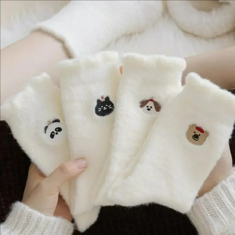 Winter Kawaii Plush Socks Mink Fleece Super Soft Cute Cat Embroidered Tube Sox Warm Women SolidColor Comfortable Home Sleep Sock