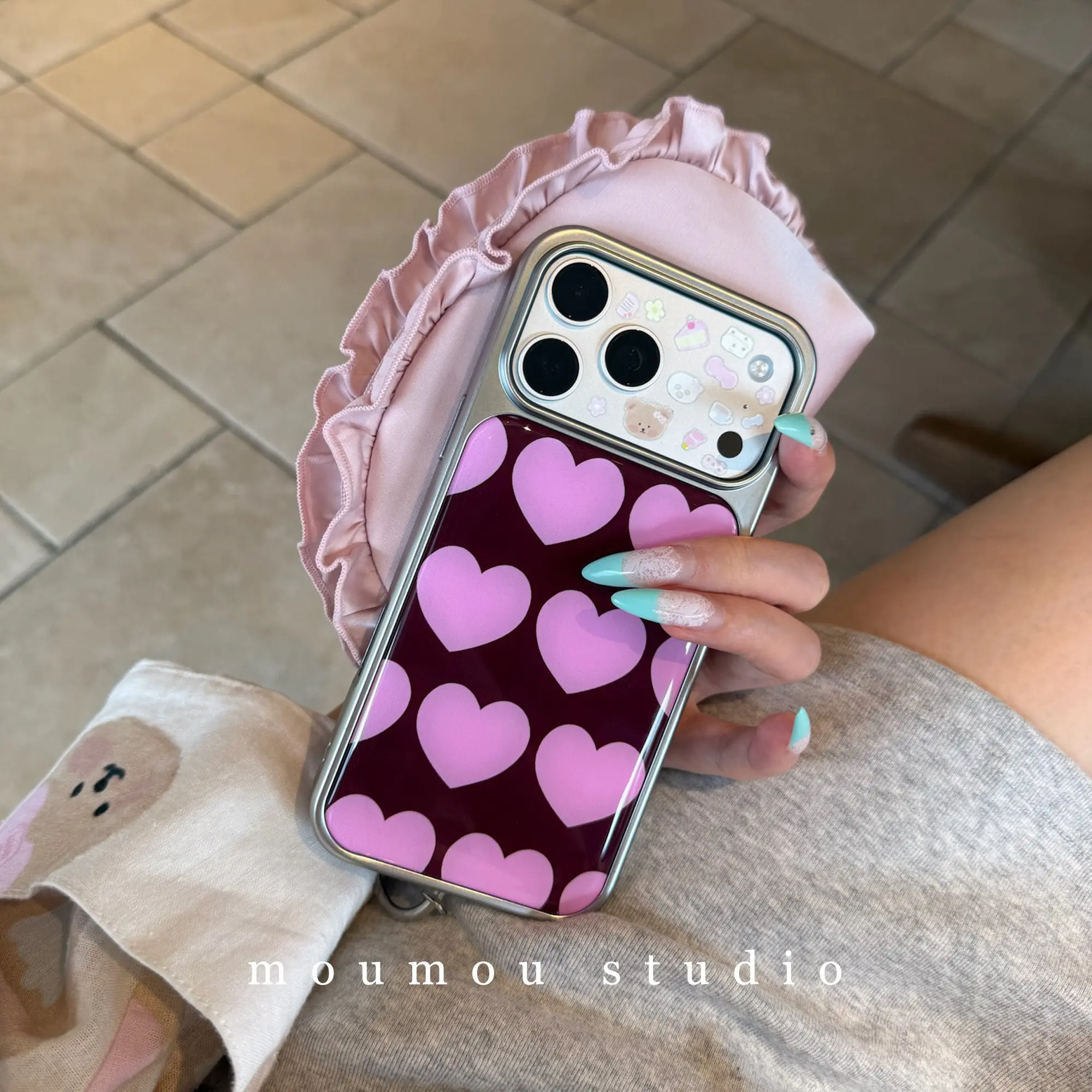 Korean Ins Pink Love Heart Design Electroplated Drip Glue Phone Case For iPhone Ultra 18 Pro Max 17 16 15 14 13 12 11 Back Cover view 3