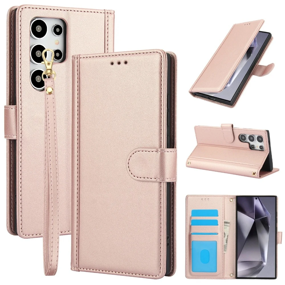 Hand Strap Leather Phone Case for Samsung Galaxy S26 Ultra Pro S25 S24 Plus S23 Fe S22 S21 S20 Note20 Card Holder Wallet Cover