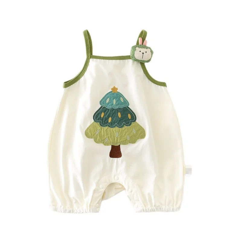 2026 Summer Cartoon Tree Appliqué Baby Romper, Infant Sling Sleeveless Bodysuit, Unisex Kids Crawling Jumpsuit