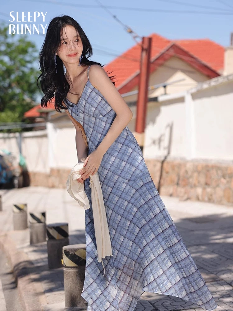 

French Vintage Plaid Cami Dress Women Summer Slim Fit Chiffon Maxi Dress Blue Printed Spaghetti Strap Mermaid Dress Elegant Look