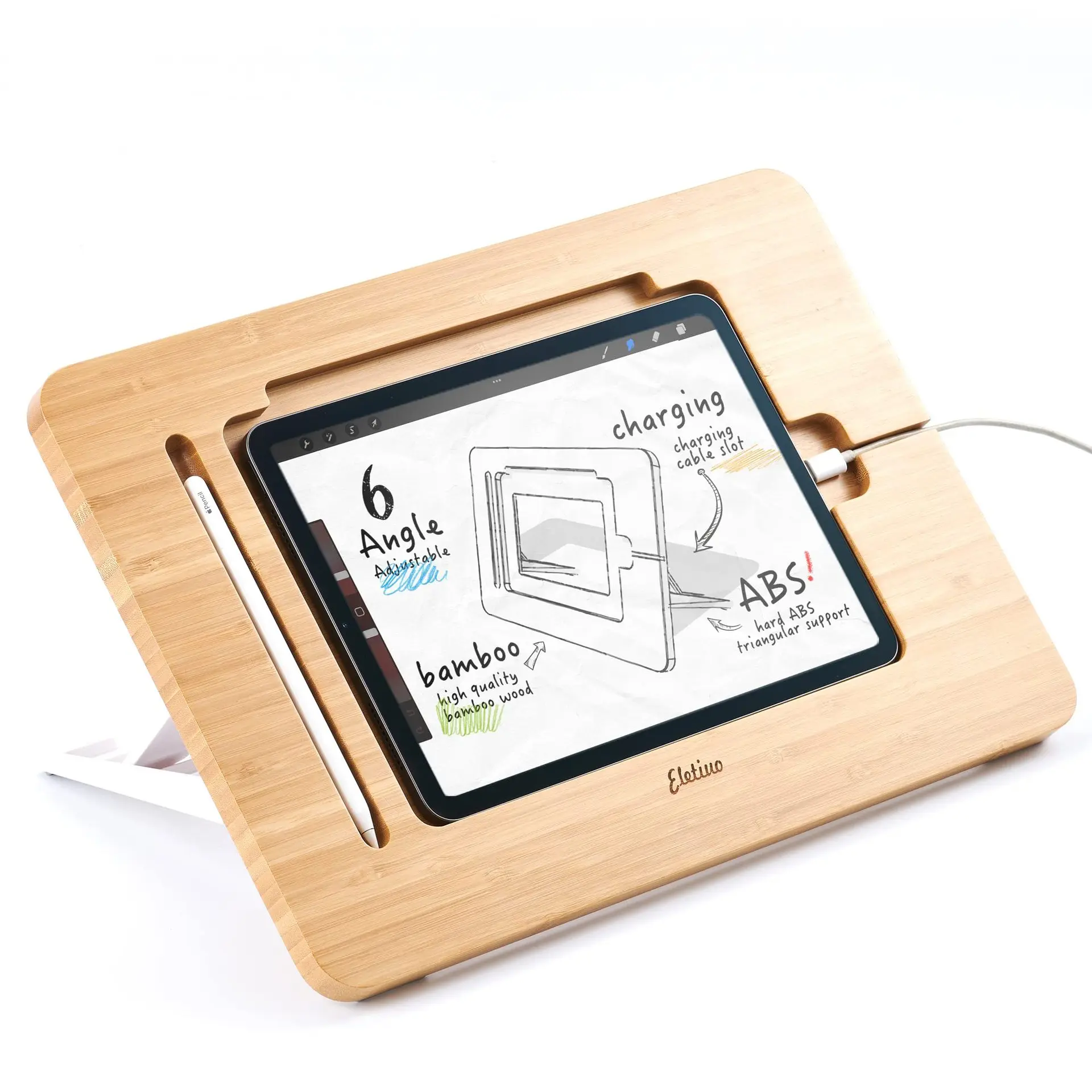 Wooden Adjustable Tablet Stand with Pencil Holder & Charging Cable Slot, Ergonomic Desktop Tablet Holder for Drawing & Reading