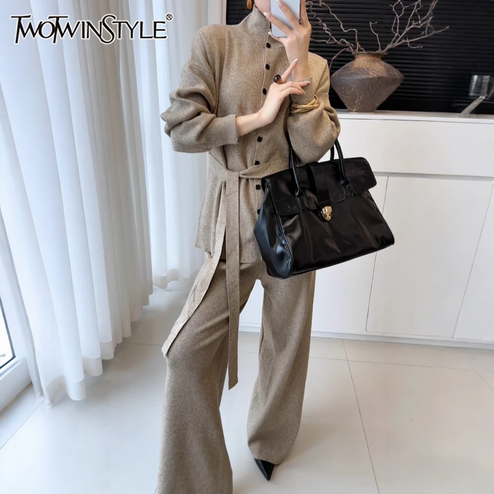 

TWOTWINSTYLE Solid Spliced Lace Up Two Piece Set Female Turtleneck Long Sleeve Sweater Korean Casual Women's Pants Set Fashion