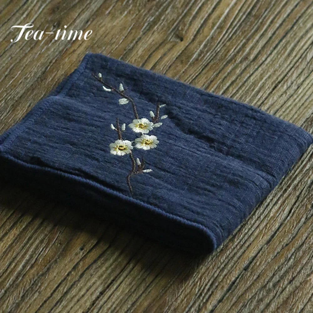 Japanese Embroidered Cotton Linen Tea Towel Boutique Heat Insulated Pad Tea Napkin Water Absorption Tea Cloth Tea Ceremony Craft