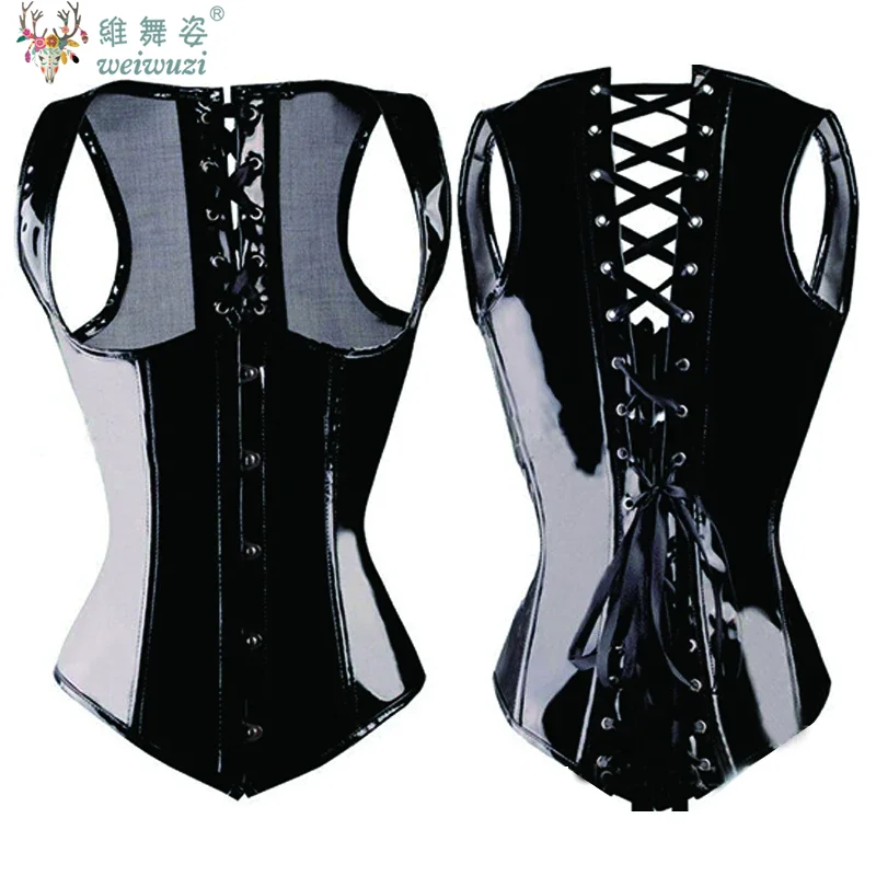 

Vintage Black Shiny PVC Leather Punk Corset Vest Basque Cincher Bustier Women Sexy Wasit Trainer Bodyshaper Corsets Lingeries