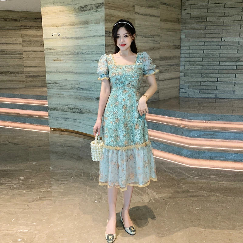 Vestido de hadas e de estilo princesa, vestido de encaje de manga corta con cuello cuad y estampado Floral, noveda...