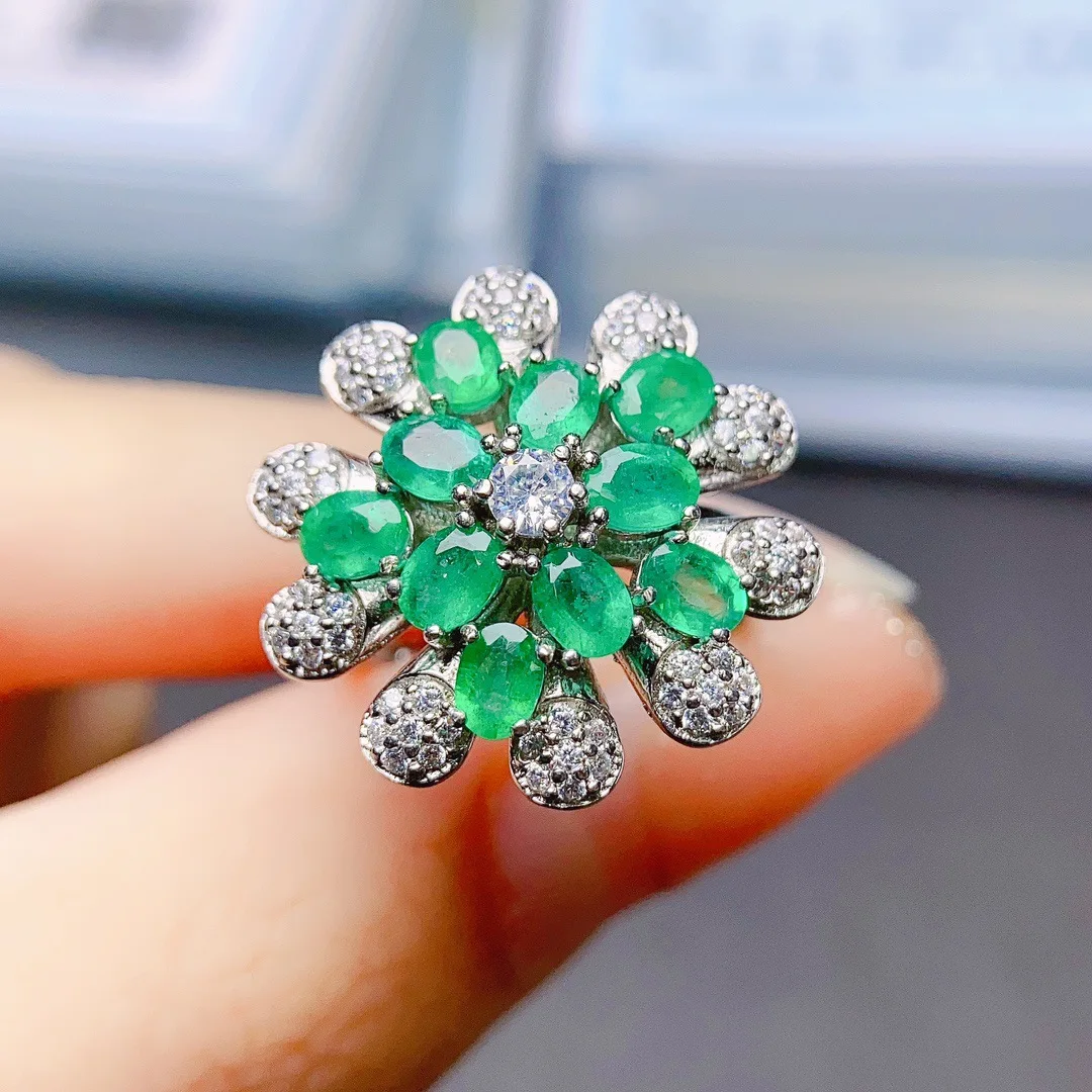 Natural Emerald Ring, S925 Silver Setting 3x3mm Main Stone Adjustable, Luxury Gemstone Jewelry Gift for Women