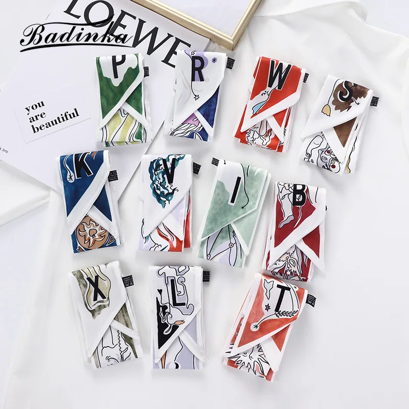 26 Initial Letter Silk Hair Satin Scarf Bag  Skinny Scarves Design Wrist Towel Foulard Neckerchief Headband for Ladies 2022