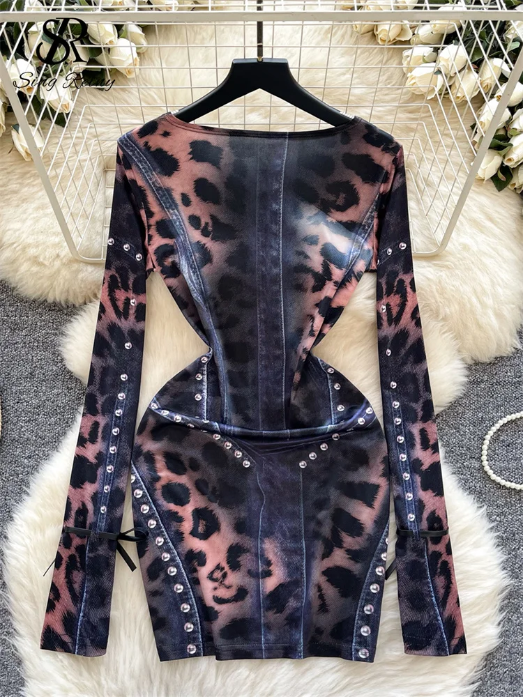 SINGREINY Fashion Chic Sexy Dress O Neck Long Sleeves Leopard Tie Dye Design Female American Retro Autumn Bodycon Short Dress