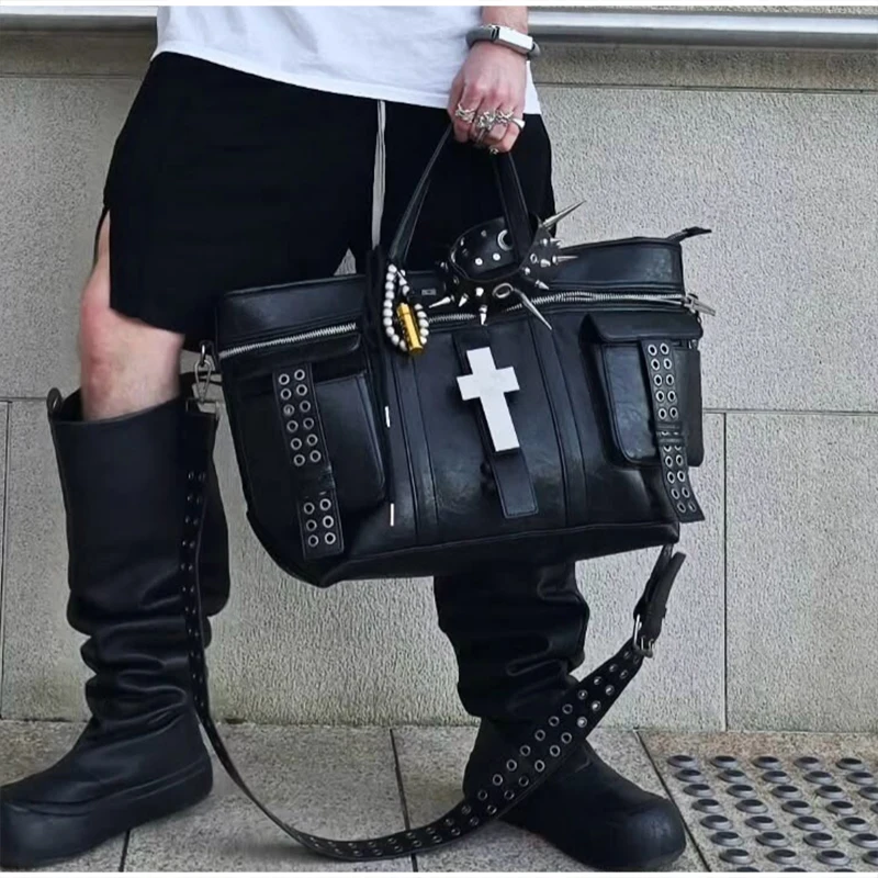 Vintage Distressed Tote Bag mit Kreuznieten, Große Unisex Umhängetasche, Reißverschluss-Handtasche aus Cracked PU für Damen – Detail 32