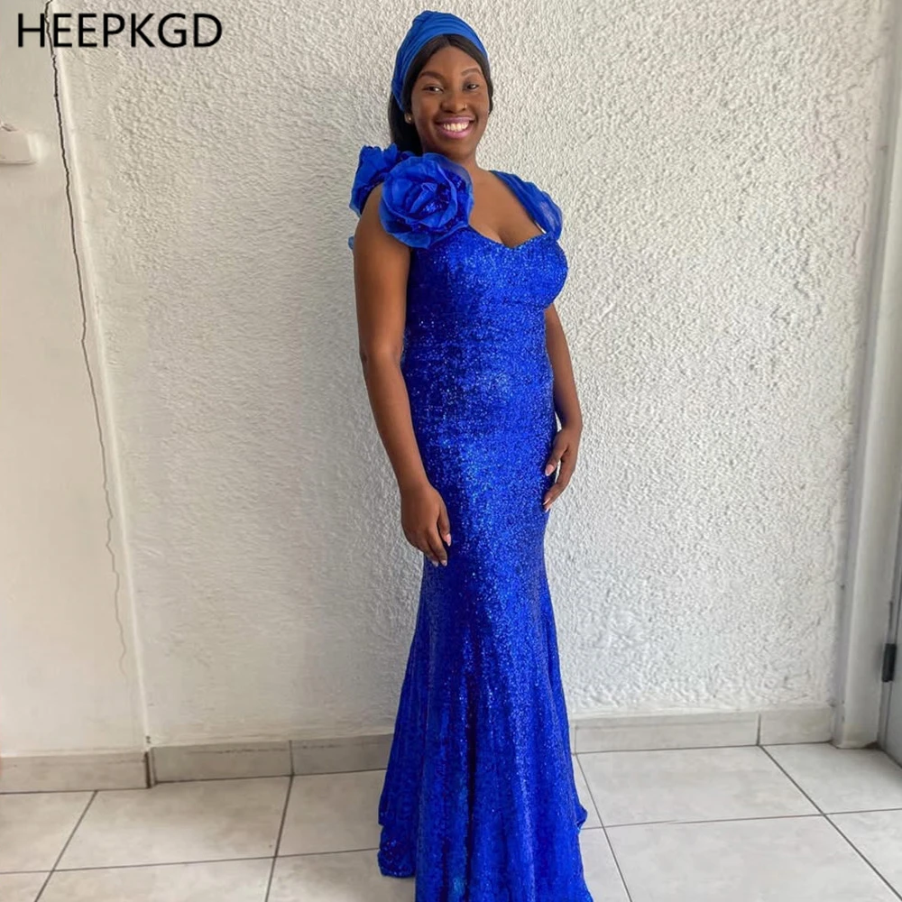 

Shiny Royal Blue Mermaid African Evening Dress 2025 Plus Size Sequined Long Women Gowns With Flowers Customized Robe De Soiree