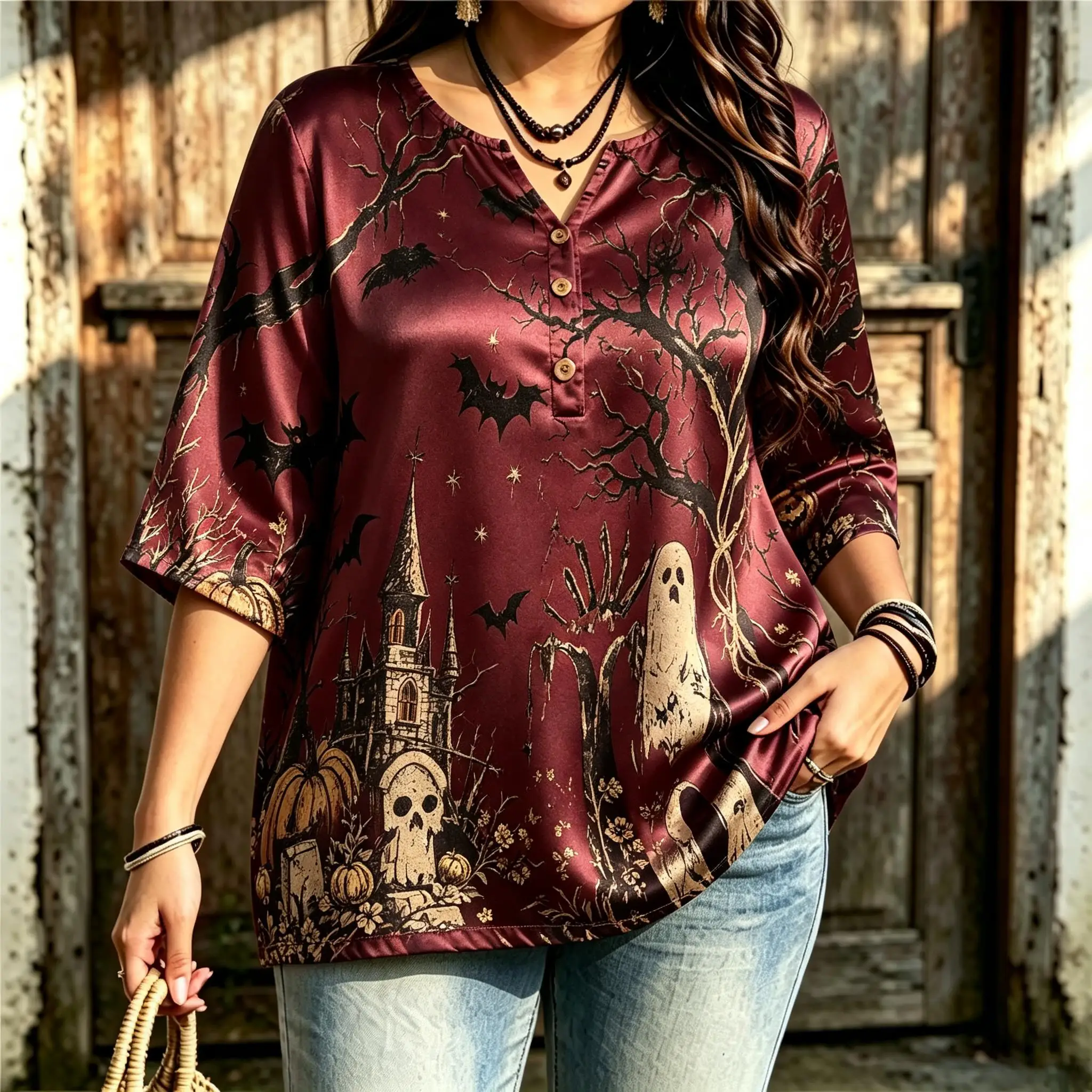 Women Notched Henley Neck 3/4 Sleeve Blouse Halloween Gothic Castle Ghost Bat Pumpkin Forest Animal Fall Print Casual Loose Tops