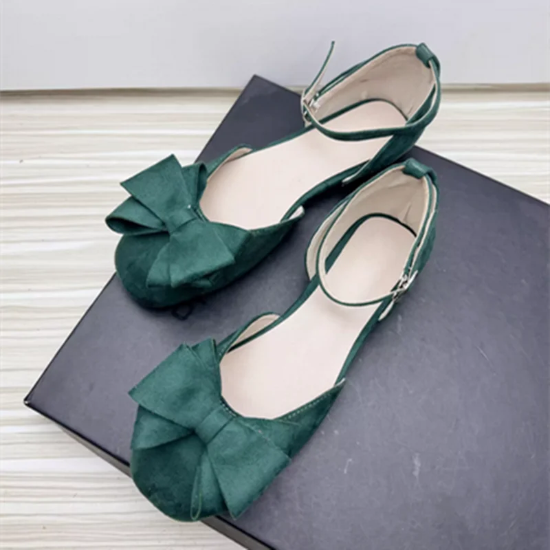 Lady Big Bow Sandals Cover Heels Buckle Strap Flat Shoes Square Toe Wide Fits Dress Comfortable Footwear Green Yellow 33-48 28cm