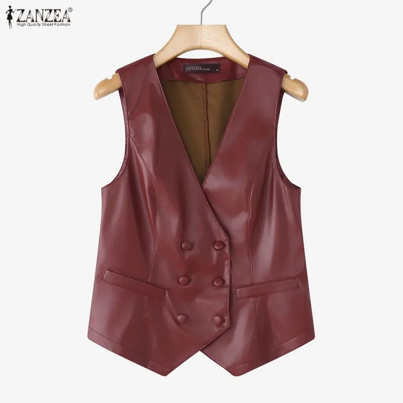 ZANZEA 2026 Women PU Leather Vests Elegant V-Neck Double-Breasted Sleeveless Waistcoat Autumn Faux Leather Woman Outwear S-3XL