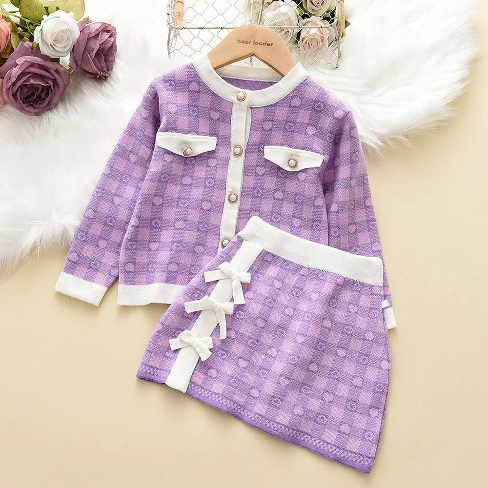 Autumn and Winter Girls Clothes Checkered Love Printed Sweater Sets Single Breasted Cardigan Top+bow Skirt kids clothes