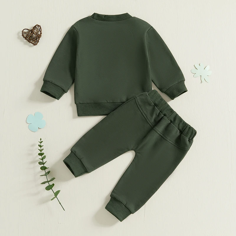 Baby Toddler Spring Outfit Clover Letter Embroidery Long Sleeve Sweatshirt Solid Long Pants Irish Clothes