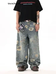 UNCLEDONJM Floral Print Jeans Y2k Men’s Jeans Streetwear Pants for Men Women