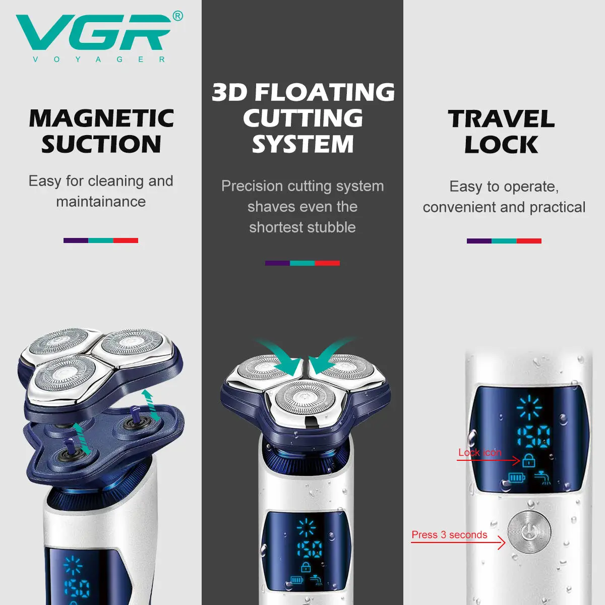 Afeitadora VGR, maquinilla de afeitar eléctrica, recortadora de barba USB resistente al agua, máquina de afeitar profesional, maquinillas de afeitar con pantalla Digital para hombres, V-328