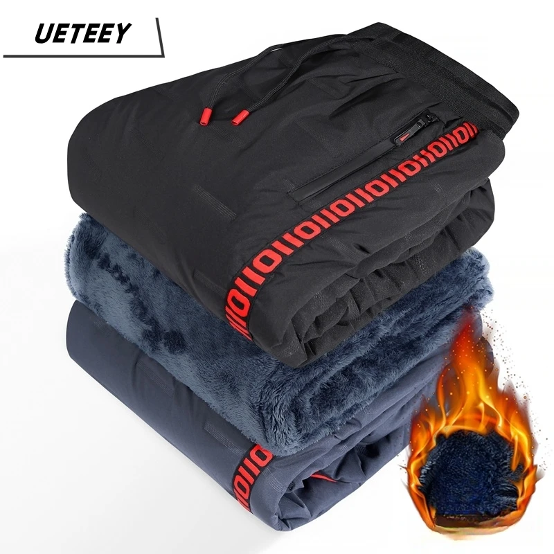 

UETEEY Winter Lambswool Pants Men Thicken Warm Outdoor Sweatpants Fashion Joggers Water Proof Casual Plus Fleece Male Trousers