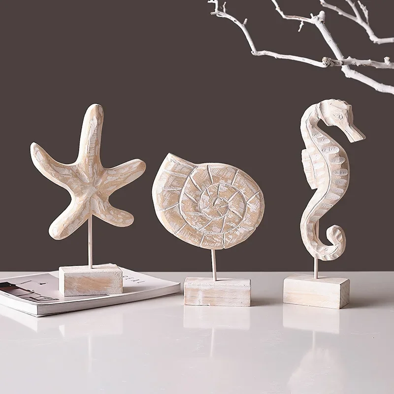 3pcs Mediterranean Style Starfish Conch Hippocampus Wood Carving Marine Decor Wood Crafts Home Decoration Marinera Hogar White