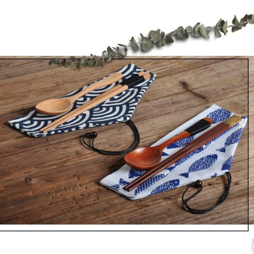 Retro Cotton Linen Cutlery Pouch Japanese Style Roll-Up Design Utensil Holder Portable Cutlery Case Travel Utensil Storage