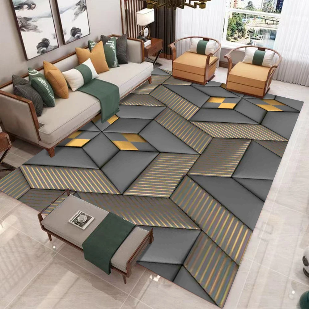 Modern Geometric Carpet Patchwork Square Gold Line 3D Texture Geometric Stripe Diamond Patterns Rug For Living Room Decor