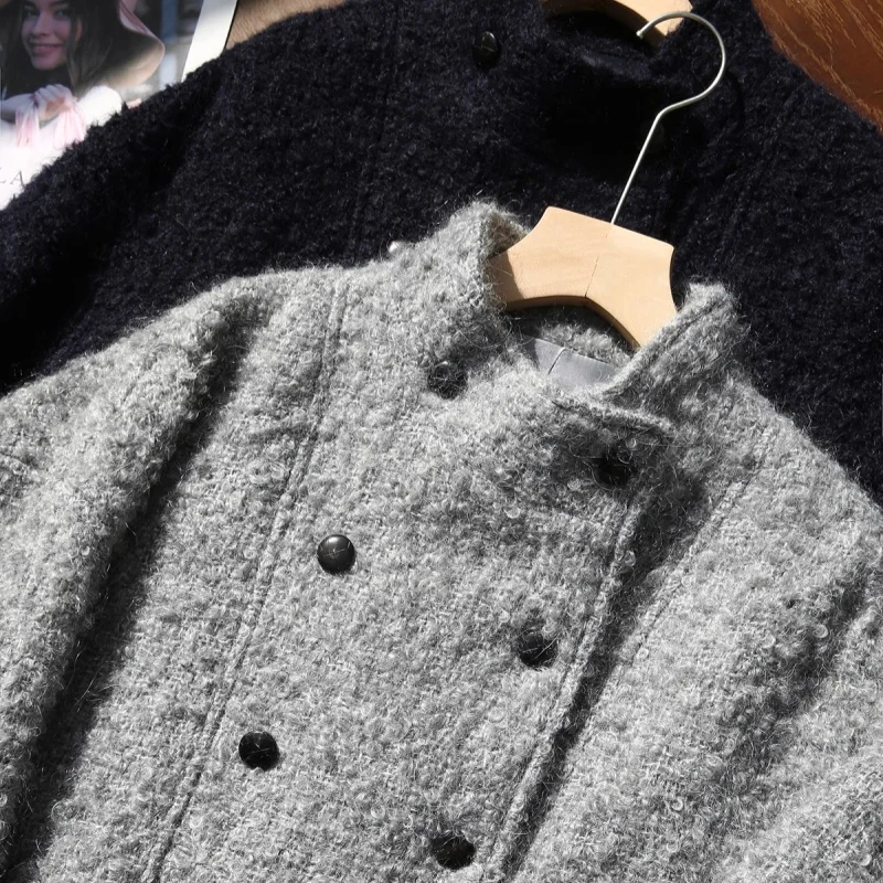 Birdtree,49.8% Mohair 38.7% Sheep Wool Coat,Women Lapel Warmth Jackets,Double-breasted,2025 Autumn Winter Short Overcoat T5N819J
