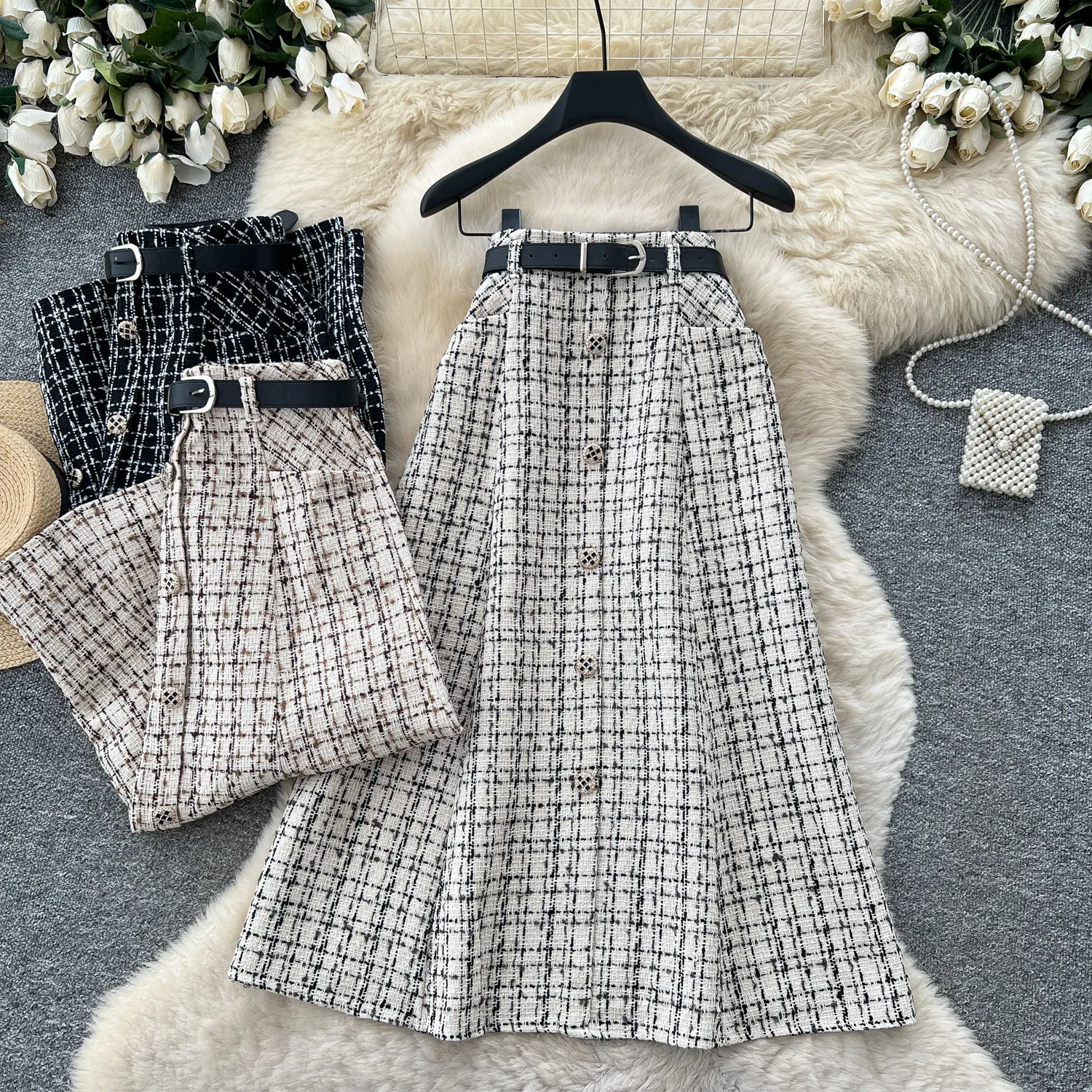 Elegant Style Outfit Tweed Plaid A Line Skirt Women Autumn Wear High-end Sense Daily Casual Street Fashion Versatile Woman Skirt