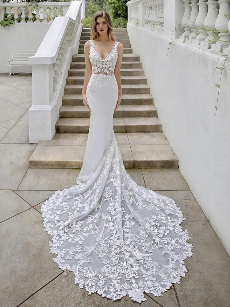FL&AEVVE Customized Elegant Lace Wedding Dress with Chapel Train Appliques Backless Mermaid Bridal Dresses Party Gown