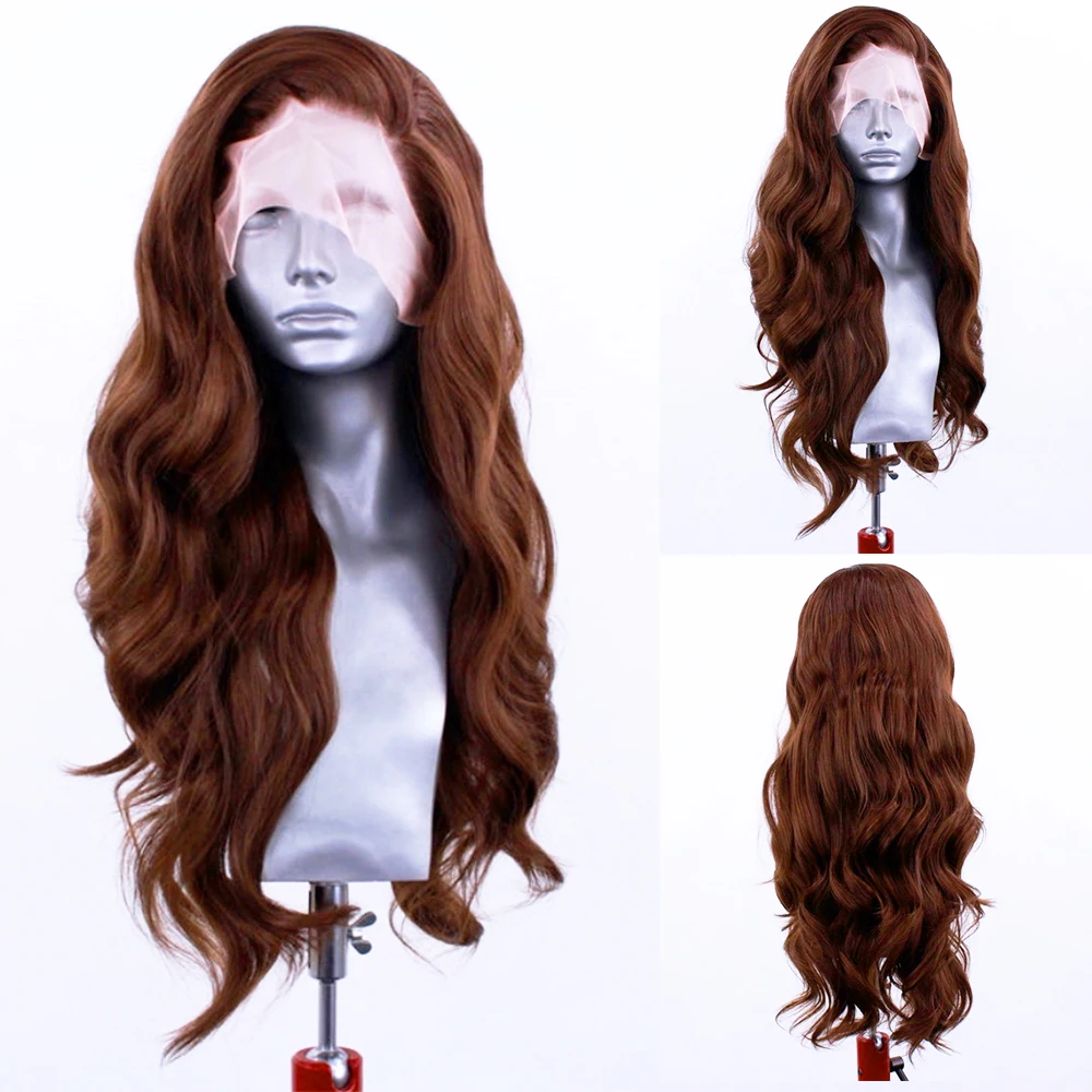 Brown Wave Wig Synthetic Lace Front Wigs For Women Long Deep Wave Lace Hair Frontal Wig White Wig Orange Heat Resistant Cosplay