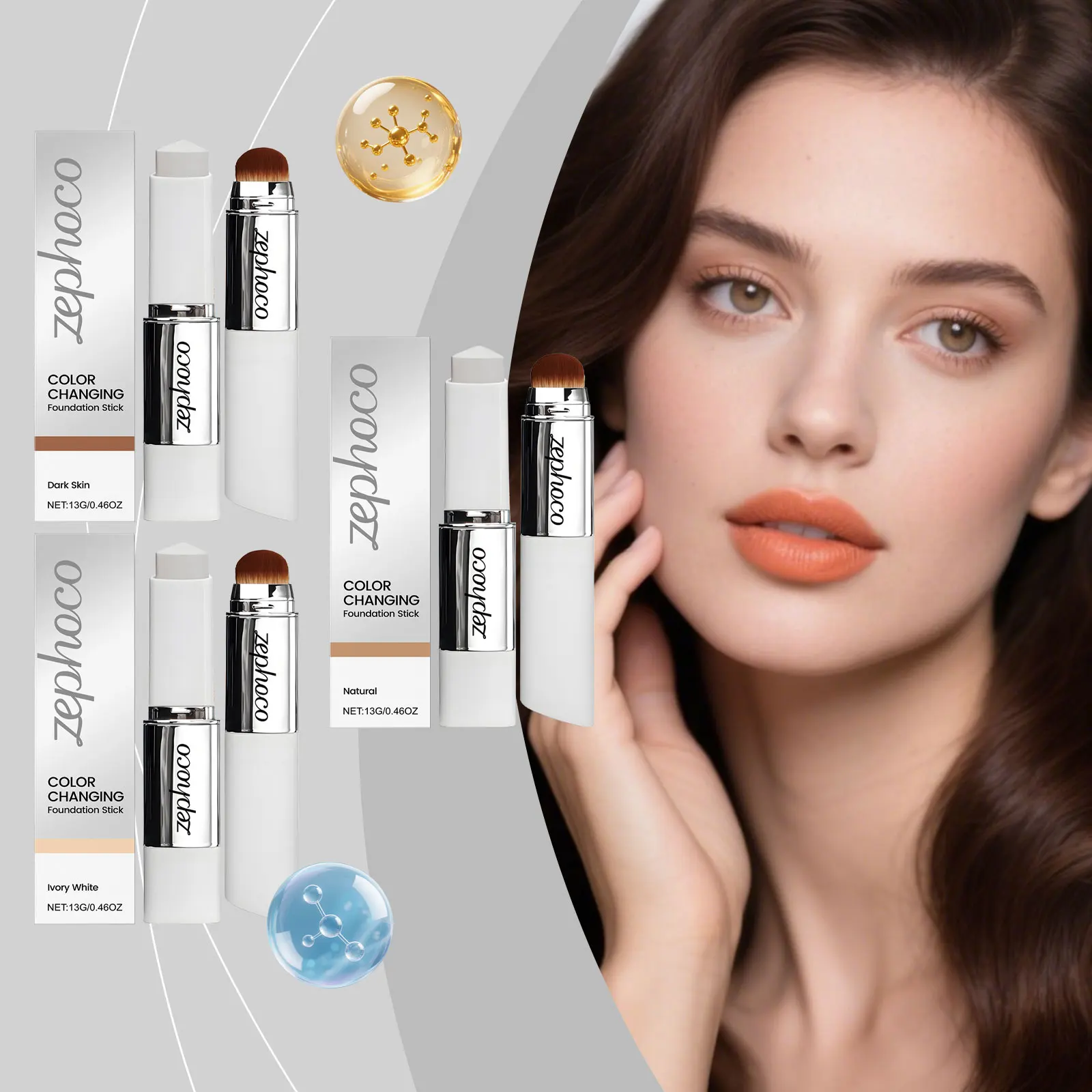 

Zephoco Color Changing Foundation Stick with Detachable Brush Long Lasting Waterproof Matte High Coverage Makeup Base in Stick