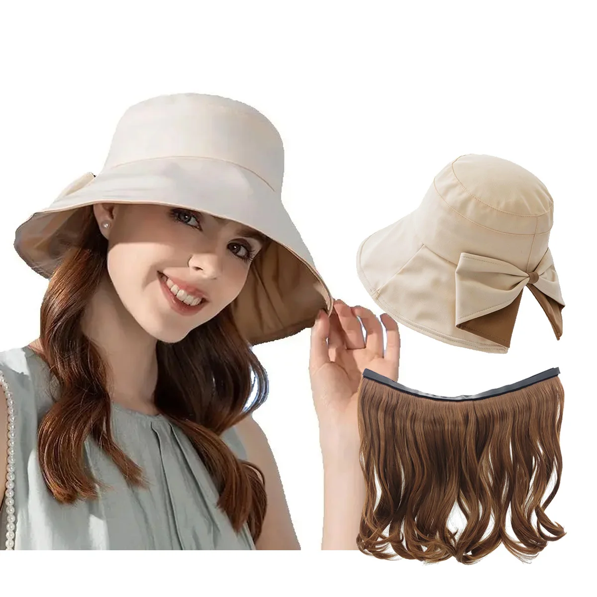 Bucket Hat with Hair Attached for Women,Large Brim Sun Hat,Detachable Long Wavy Blonde Cap Wig ，Wig Hat for Spring and Summer