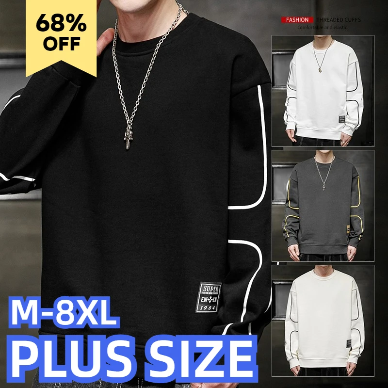 large size Men Sweaters Autumn and Winter Plus Size Solid Color Round Neck Tops Oversized Sports Shirts Man Loose Fit M-8xl 7XL