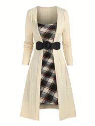 European and American fashion elegant temperament stitching buckle plaid printed knit dress women