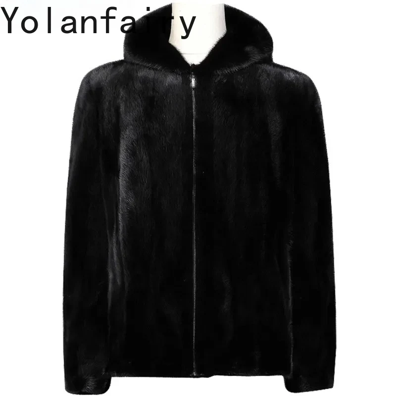 YOLANFAIRY New Natural Mink Real Fur Coat with Hood Men Winter Genuine Mink Fur Jacket Man Genuine Mink Real Fur Coats Luxury