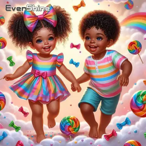 Evershine Full Square Round Diamond Mosaic African Girl Boy Portrait Painting Cartoon Picture Of Rhinestones Handmade Gift