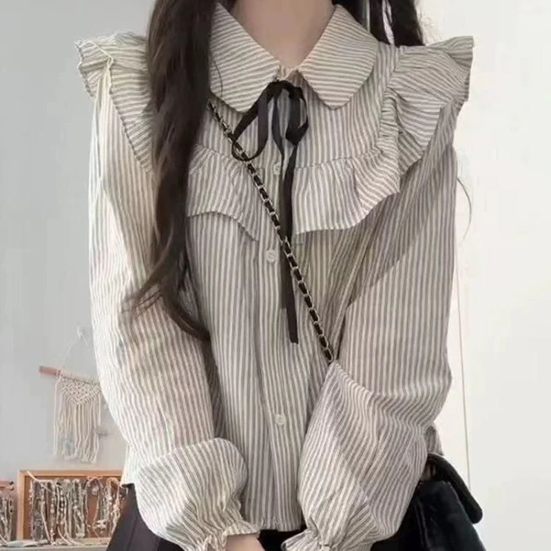 Sweet Striped Ruffles Women Shirts Kawaii Preppy Long Sleeve Japanese Style Babydoll Top Loose Cute Blouses Aesthetic