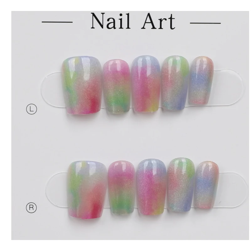 

10pcs Laser Handmade Press On Nails 3D Medium Trapezoid Colorful Aurora Full Cover French Wearable Artificial False Nail