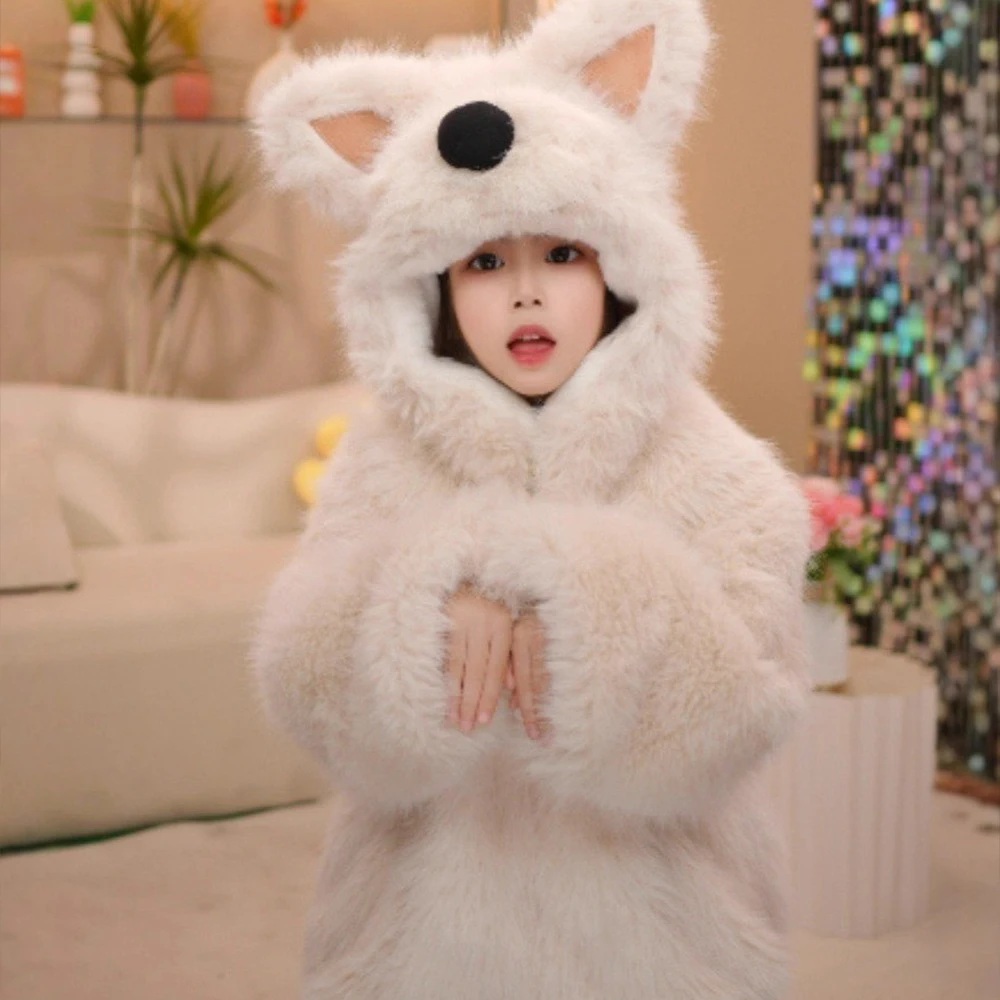 3D Cartoon Hooded Winter Coat Faux Fur Plush Warm Jacket Children Cute Dinosaur Duck Puppy Style Outerwear Cosplay Party Costume