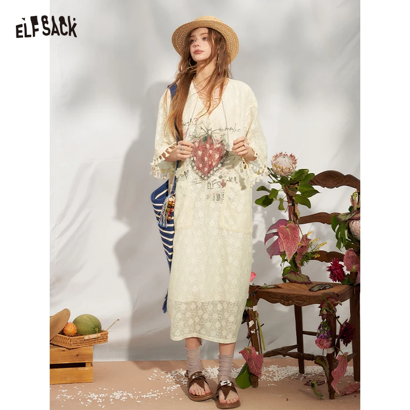 ELFSACK Strawberry Print Cute Tassel Dress, Sweet Lace V-Neck Drawstring Pocket Midi Dress, Romantic Court Style Summer Outfit