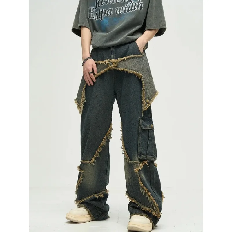 

Асимметричные лоскутные джинсы-карго, мужские джинсы с необработанными краями, полная длина, европейский стиль, отбеленные мешковатые весенне-осенние уличные хип-хоп 2023,