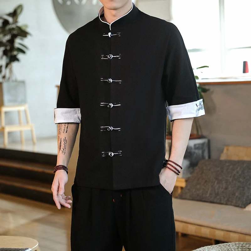 New Crane Embroidery Top Traditional Chinese Clothing for Men Vintage Half Sleeve Linen Shirts Solid Madarin Collar Hanfu Kungfu