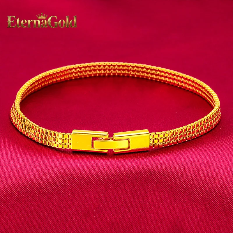 

EternaGold Flat Bracelet for Women, 24K Gold, AU999 | Embossed stripes with tiny diamonds, subtle glamour for work.