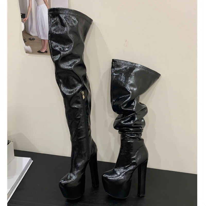 

Eilyken/большие размеры 45, высокие сапоги выше колена в стиле панк с круглым носком и квадратным каблуком на молнии, женская осенне-зимняя обувь на платформе