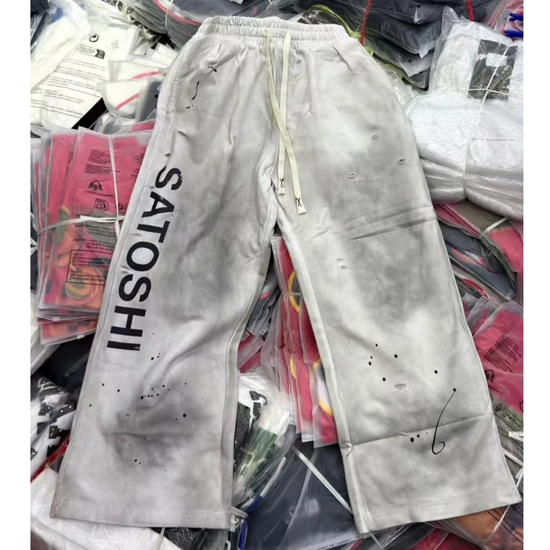 Satoshi Nakamoto Used Stretch Mid Waist Sweatpants Splashed Ink Washed Damaged Sports Casual Pants