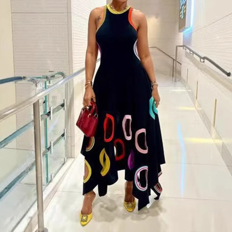 Women Round Neck Circle Hollow Out Pleated A-Line Tank Dress Summer Sleeveless High Waist Long Dresses Holiday Beach Dresses