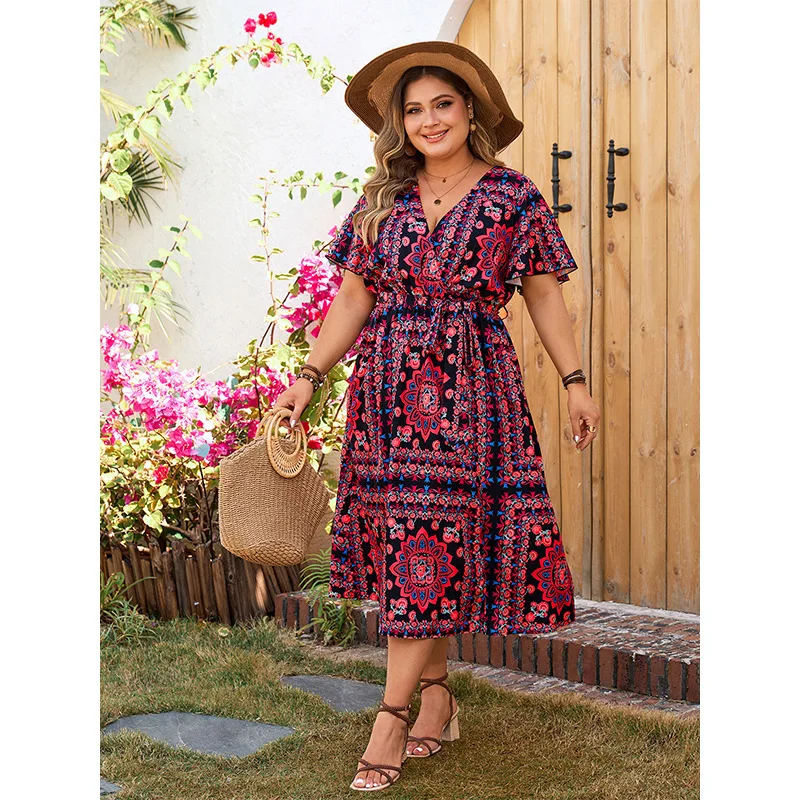 Enlarge loose printed dress, elegant and comfortable casual V-neck dress