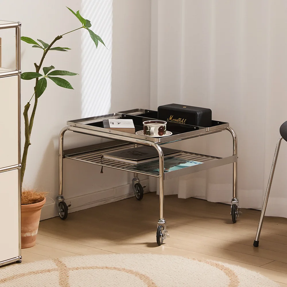 Couch-Seitenregal aus Edelstahl mit Tablett, kleiner Tisch