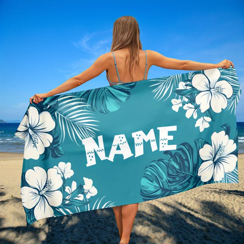 

1pc Personalized Naming Beach Towel, Hawaiian Tropical Flower Pattern Beach Towel, Lightweight Quick Drying and Super Absorbent,